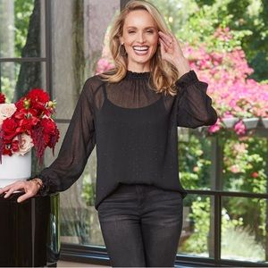 Democracy Black Sparkle Long Sleeve Sheer Rhinestones Blouse with Tank